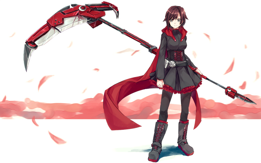boots cape crescent_rose cross dress flower full_body hitogome pantyhose petals petticoat red_hair rose rose_petals ruby_rose rwby scythe short_hair smile solo weapon white_background