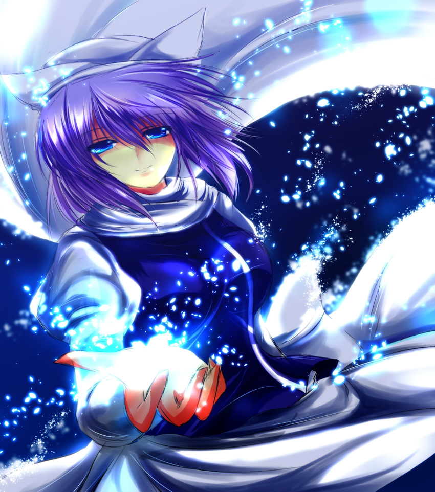 blue_eyes glowing hat highres juliet_sleeves letty_whiterock light_particles light_smile long_sleeves looking_at_viewer nekominase outstretched_arm outstretched_hand puffy_sleeves purple_hair scarf shirt smile solo touhou vest