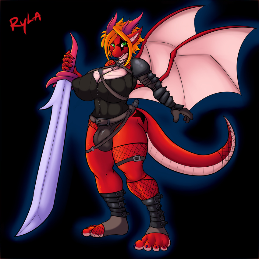 breasts bulge cleavage clothed clothing dickgirl dragon fishnet green_eyes horn intersex leotard looking_at_viewer red_dragon ryla scalie solo standing star sword unconvincing_armor weapon wings wyntersun yaita