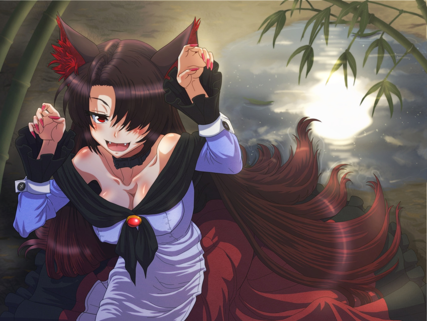 animal_ears arms_up bamboo bare_shoulders blush breasts brooch brown_hair cleavage collar covered_nipples cuffs dress fangs fingernails full_moon hair_over_one_eye highres imaizumi_kagerou jewelry kezune_(i-_-i) large_breasts long_hair long_sleeves moon open_mouth red_eyes reflection smile solo tail touhou very_long_hair water wolf_ears wolf_tail