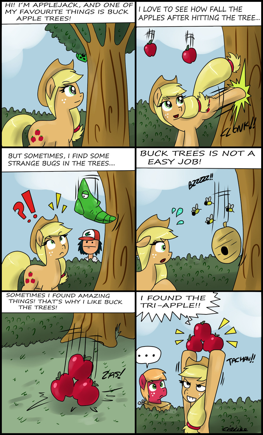 apple applejack_(mlp) arthropod ash_ketchum bee beehive big_macintosh_(mlp) blonde_hair bush ciriliko cloud cowboy_hat creeper crossover cutie_mark equine female feral freckles friendship_is_magic fruit green_eyes hair hat horse insect male mammal metapod minecraft my_little_pony nintendo outside pok&#233;mon pony sky tree triforce video_games