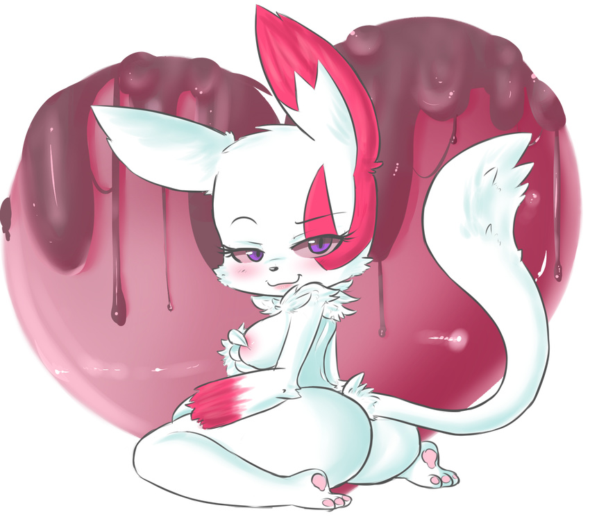 &lt;3 alpha_channel black_nose blush breasts butt female fur hearlesssoul looking_at_viewer nintendo nude paws plain_background pok&#233;mon pok&eacute;mon purple_eyes red_fur smile solo transparent_background video_games white_fur zangoose