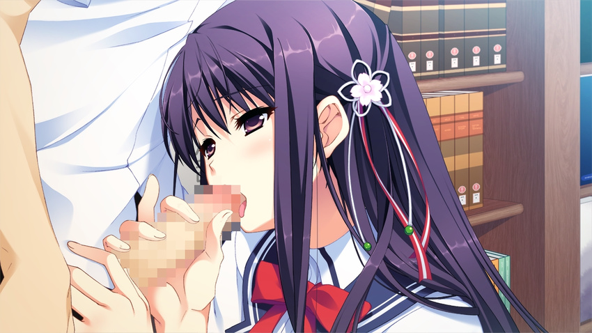 1girl arihara_nodoka blush censored game_cg narumi_suzune penis purple_eyes purple_hair school_uniform tojita_sekai_no_tori_colony uniform