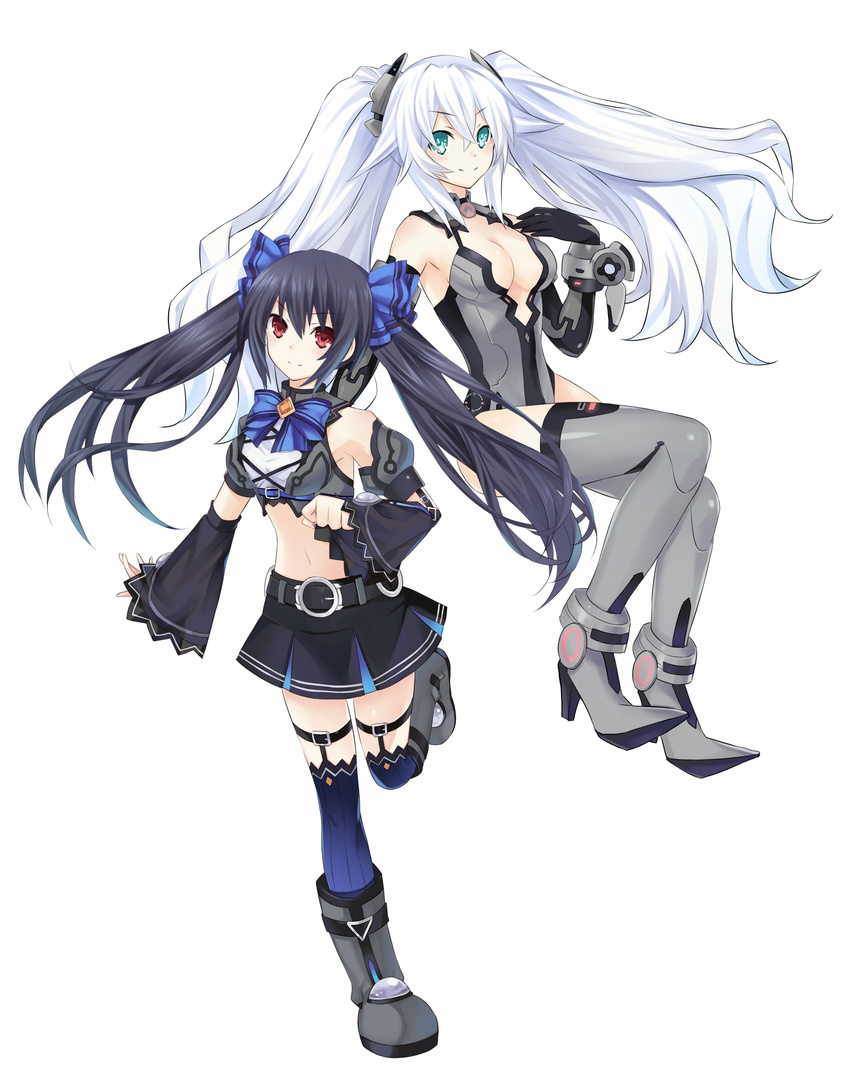 48_(sibata57) absurdres anklet aqua_eyes arm_strap armpits bad_id bad_pixiv_id bangs bare_shoulders belt beltbra black_hair black_heart blue_legwear blush boots bow bowtie breasts brooch buckle cleavage cleavage_cutout clenched_hand crop_top cross-laced_clothes detached_sleeves dual_persona elbow_gloves flipped_hair floating_hair from_side full_body gloves grey_footwear grey_legwear hair_between_eyes hair_bow hair_ornament halterneck high_heel_boots high_heels highres jewelry kami_jigen_game_neptune_v leg_up leotard light_smile long_hair looking_at_viewer magical_girl medium_breasts midriff miniskirt multiple_girls navel neptune_(series) noire over-kneehighs pleated_skirt power_symbol puffy_sleeves red_eyes sidelocks simple_background sitting skirt smile standing standing_on_one_leg symbol-shaped_pupils thigh_boots thigh_strap thighhighs turtleneck twintails vambraces very_long_hair white_background white_hair wide_sleeves