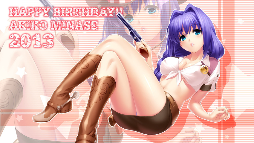 badge birthday blue_eyes boots braid breasts cleavage cowboy_boots front-tie_top gun handgun highres holster kanon lips mature medium_breasts midriff minase_akiko miniskirt navel panties parted_lips purple_hair revolver shiny shiny_skin shirt single_braid skirt solo spurs tied_shirt underwear weapon western zen zoom_layer