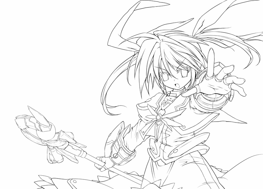 arm_guards fingerless_gloves gloves greyscale highres lineart long_skirt looking_at_viewer lyrical_nanoha magical_girl mahou_shoujo_lyrical_nanoha mahou_shoujo_lyrical_nanoha_the_movie_1st monochrome open_mouth outstretched_hand raising_heart ribbon shinonome_(marihani) skirt solo takamachi_nanoha twintails