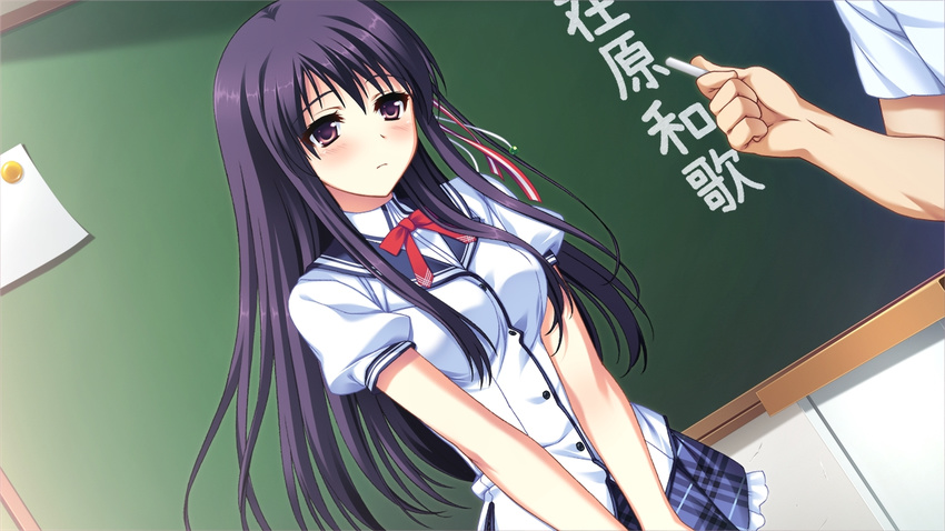 1girl arihara_nodoka blush game_cg narumi_suzune purple_eyes purple_hair school_uniform skirt tojita_sekai_no_tori_colony uniform