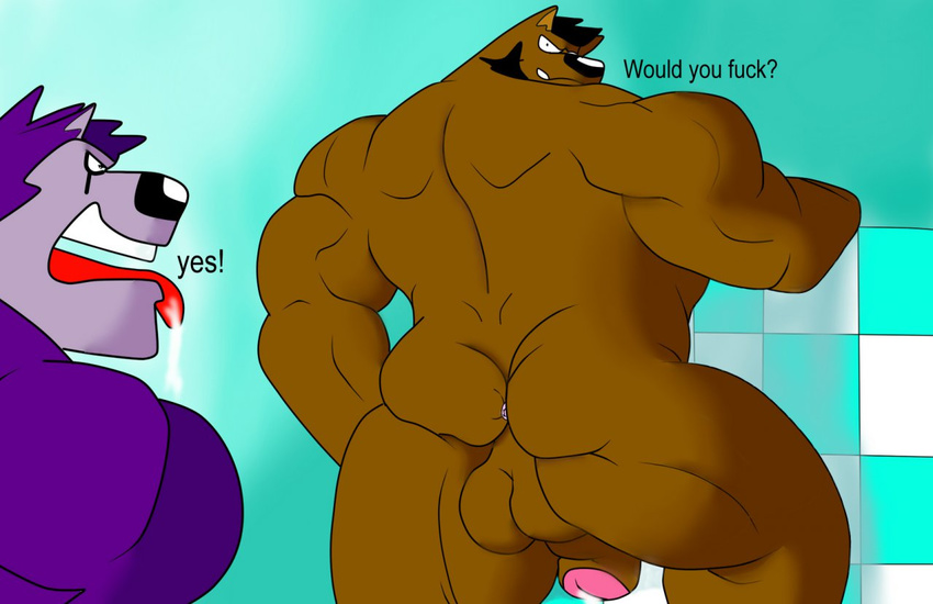 abs anthro anthrofied balls beard biceps big_muscles big_penis butt canine dialog duo english_text facial_hair fur gay hair hyper kajima_kojima looking_at_viewer male mammal mixureru muscles nipples nude pecs penis pose smile solo standing text wolf