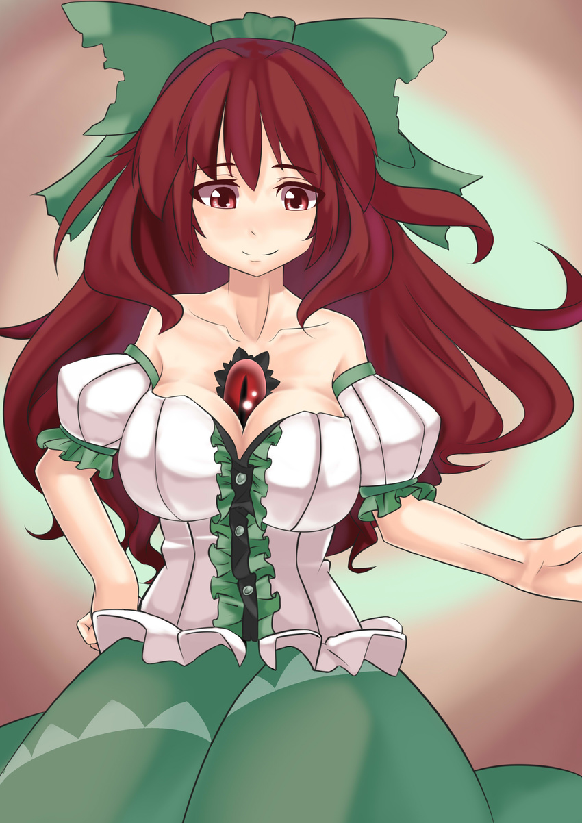 absurdres alternate_costume bare_shoulders bow breasts brown_hair cleavage hair_bow hand_on_hip highres large_breasts long_hair luonawei red_eyes reiuji_utsuho skirt smile solo third_eye touhou