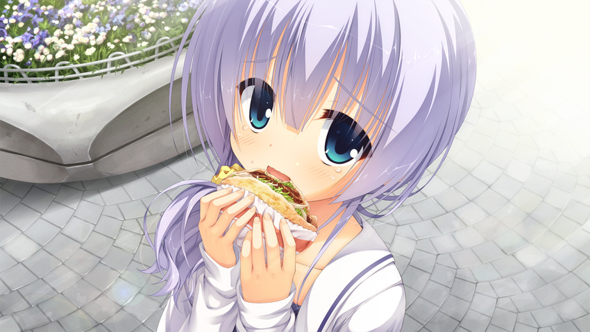 amairo_islenauts blue_eyes blue_hair blush food game_cg kobuichi shiraga_airi short_hair tears yuzusoft