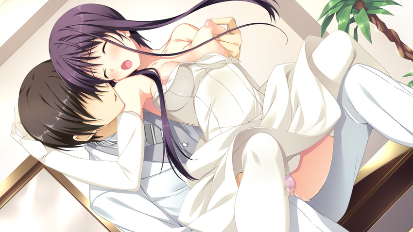 1girl arihara_nodoka blush breasts censored dress elbow_gloves eyes_closed female game_cg gloves narumi_suzune purple_hair tojita_sekai_no_tori_colony wedding_dress