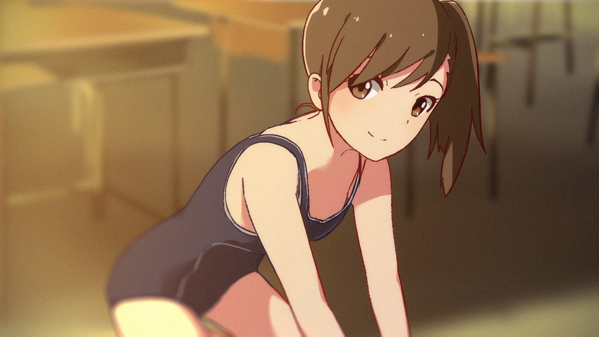 16:9 1girl blurry brown_eyes brown_hair classroom futami_mami idolmaster looking_at_viewer one-piece_swimsuit ponytail side_ponytail smile solo swimsuit vc3000mg