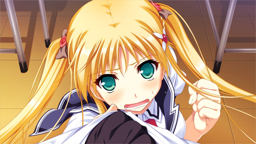 1girl blonde_hair game_cg green_eyes kagami_inori narumi_suzune tojita_sekai_no_tori_colony twintails