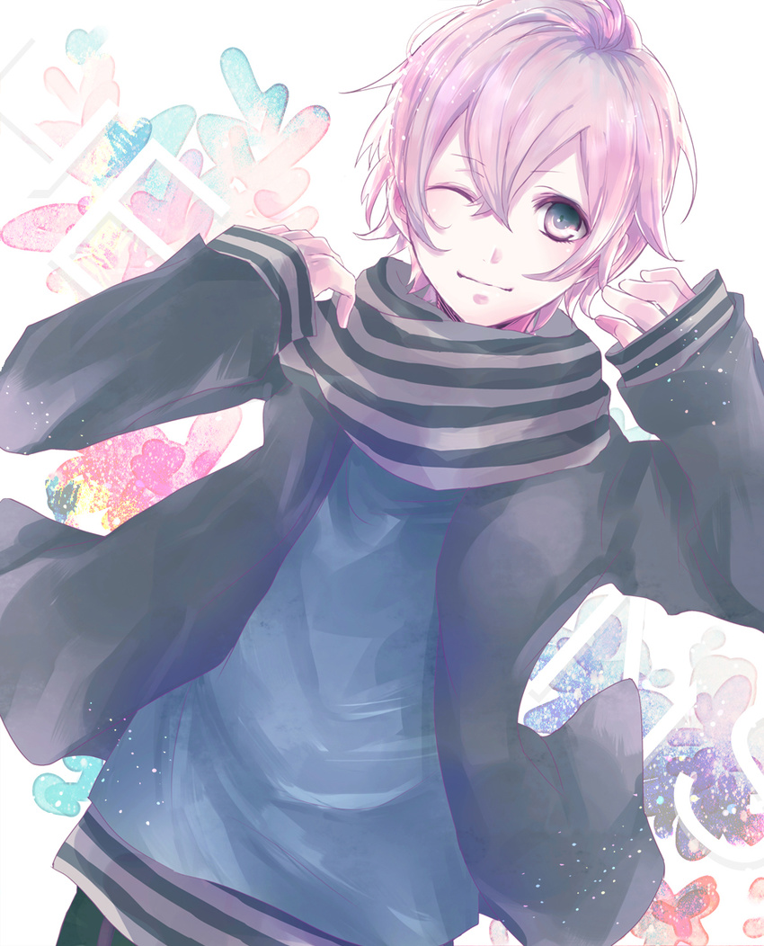 alicetype bad_id bad_pixiv_id grey_eyes highres jacket male_focus mikado_nagi one_eye_closed pink_hair scarf smile solo uta_no_prince-sama uta_no_prince-sama_maji_love_2000_percent