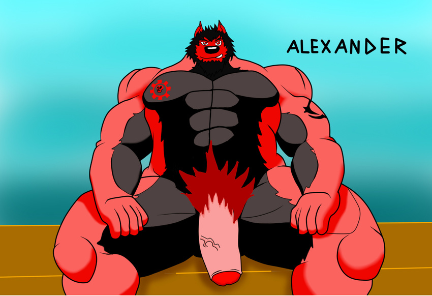 2012 abs alexander anthro balls beard biceps big_muscles big_penis canine cum facial_hair fur hair hyper looking_at_viewer male mixureru muscles nipples nude pecs penis pose smile solo tattoo vein wolf