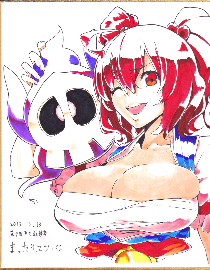absurdres breasts crossover duskull gen_3_pokemon hair_bobbles hair_ornament highres huge_breasts looking_at_viewer mattari_yufi one_eye_closed onozuka_komachi open_mouth pokemon pokemon_(creature) red_eyes red_hair sarashi shikishi short_hair smile touhou traditional_media two_side_up upper_body