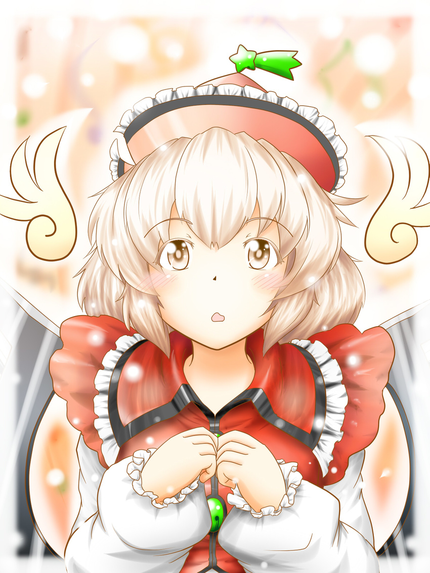 blouse blush fingers_together gradient gradient_background hat highres light_brown_eyes light_brown_hair light_particles long_sleeves looking_at_viewer lyrica_prismriver md5_mismatch mubii open_mouth puffy_sleeves shooting_star short_hair solo touhou upper_body wings