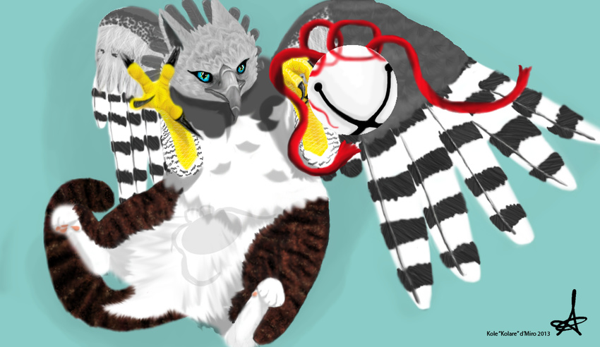 ambiguous_gender avian bell brown_feathers feral grey_feathers gryphon kole solo wings