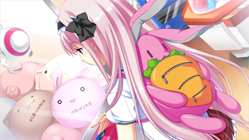 1girl backpack bag game_cg miyamori_korone narumi_suzune pink_hair purple_eyes solo tojita_sekai_no_tori_colony