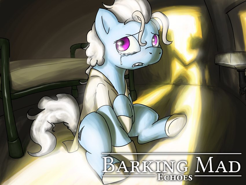 bed blue_fur clothing conicer cutie_mark english_text equine female feral friendship_is_magic fur grey_hair hair horse inside mammal my_little_pony pony purple_eyes screw_loose_(mlp) silhouette sitting solo tears text