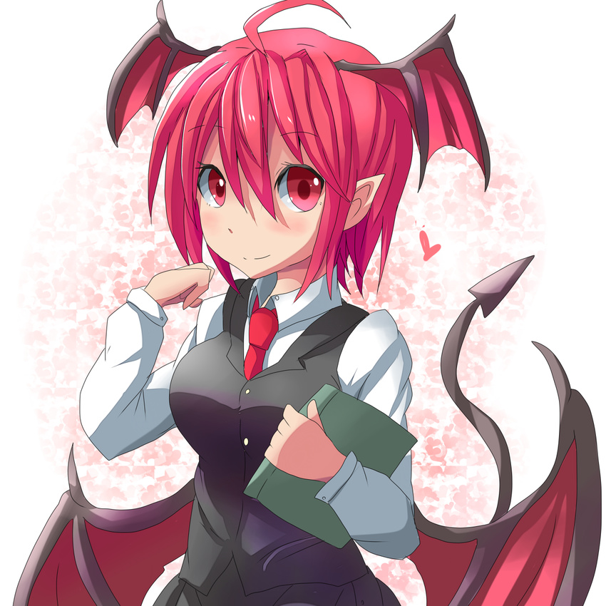 ahoge alternate_hair_length alternate_hairstyle bat_wings boots breasts demon_tail dress_shirt head_wings heart highres koakuma kuromu_(underporno) large_breasts looking_at_viewer low_wings necktie pointing pointing_at_viewer pointy_ears red_neckwear shirt short_hair skirt skirt_set smile solo tail touhou wings