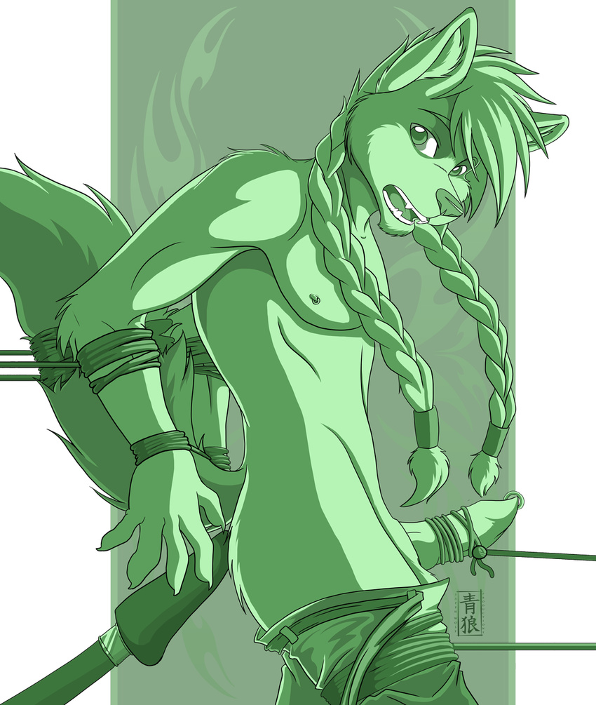 bdsm bondage bound canine erection fox green_theme looking_at_viewer male mammal nipple_piercing nipples open_mouth penis piercing rogue rogue_(character) sapphwolf_(artist) solo topless