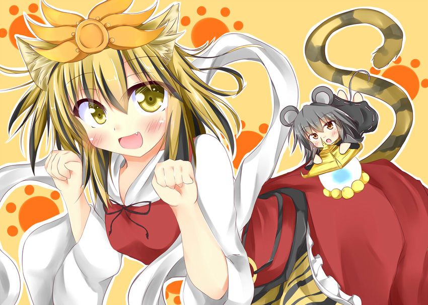 animal_ears bishamonten's_pagoda black_hair brown_eyes cat_ears cat_tail fang grey_hair hair_ornament kuzumomo mouse_ears mouse_tail multicolored_hair multiple_girls nazrin open_mouth paw_pose short_hair skirt smile tail toramaru_shou touhou yellow_eyes