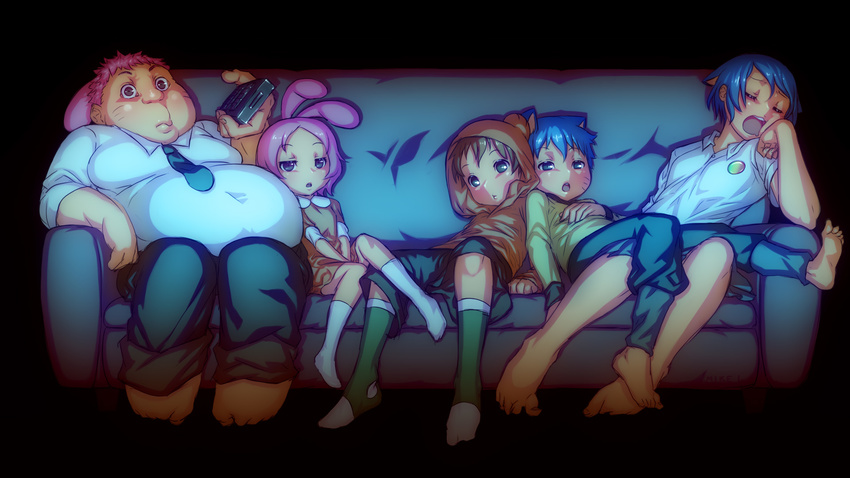 3boys anais_watterson animal_ears barefoot between_legs black_background blush bunny_ears cat_ears controller couch darwin_watterson dress dress_shirt family grey_eyes gumball_watterson hand_between_legs highres hood hoodie jitome looking_at_viewer mike_inel multiple_boys multiple_girls necktie nicole_watterson open_mouth personification pleated_skirt remote_control richard_watterson shirt short_sleeves simple_background skirt sleeping socks the_amazing_world_of_gumball watching_television whisker_markings wide-eyed