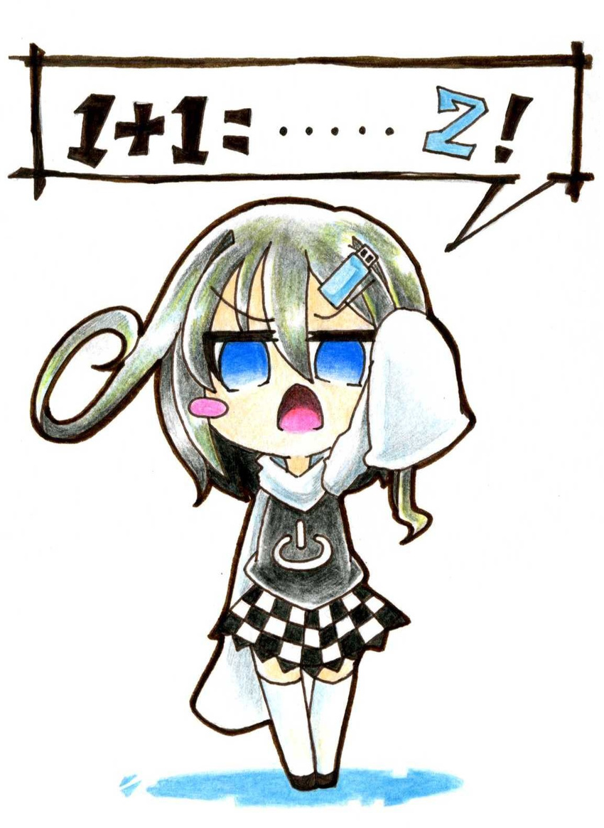 ahoge arm_up blue_eyes blush blush_stickers checkered checkered_skirt chibi colored_pencil_(medium) gokuu_(acoloredpencil) hair_ornament hairclip highres long_sleeves looking_at_viewer math open_mouth original power_symbol silver_hair simple_background skirt sleeves_past_wrists solo speech_bubble thighhighs traditional_media tsurime white_background white_legwear