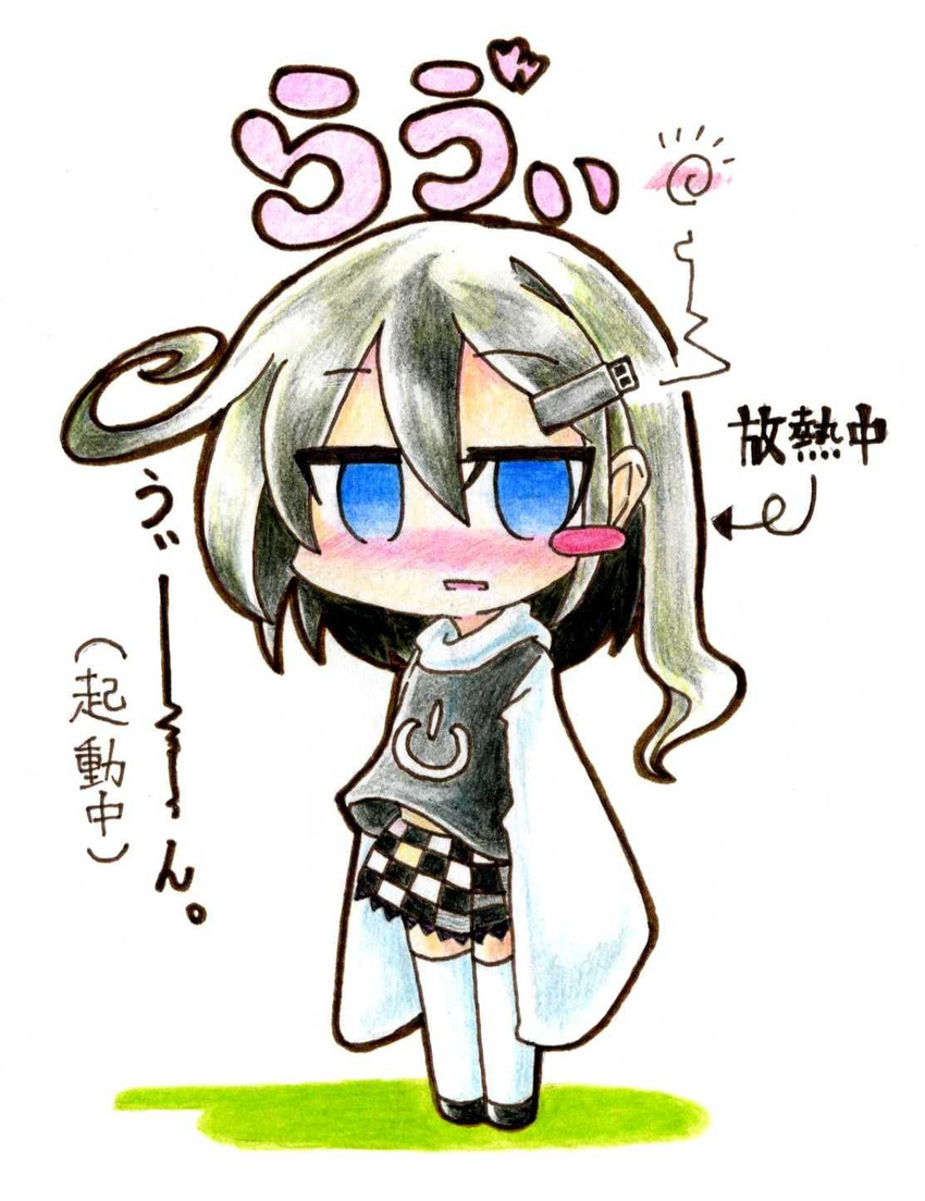ahoge blue_eyes blush blush_stickers checkered checkered_skirt chibi colored_pencil_(medium) gokuu_(acoloredpencil) hair_ornament hairclip highres long_sleeves looking_at_viewer open_mouth original power_symbol silver_hair simple_background skirt sleeves_past_wrists solo thighhighs traditional_media translation_request tsurime white_background white_legwear