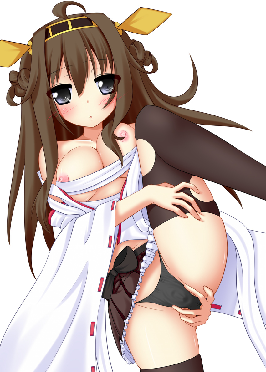 ahoge bare_shoulders black_legwear black_panties breasts brown_hair grey_eyes hairband highres kantai_collection kongou_(kantai_collection) large_breasts looking_at_viewer nipples off_shoulder panties pussy sarashi skirt solo spread_pussy spread_pussy_under_clothes thighhighs torn_clothes torn_legwear underwear yoye_(pastel_white)