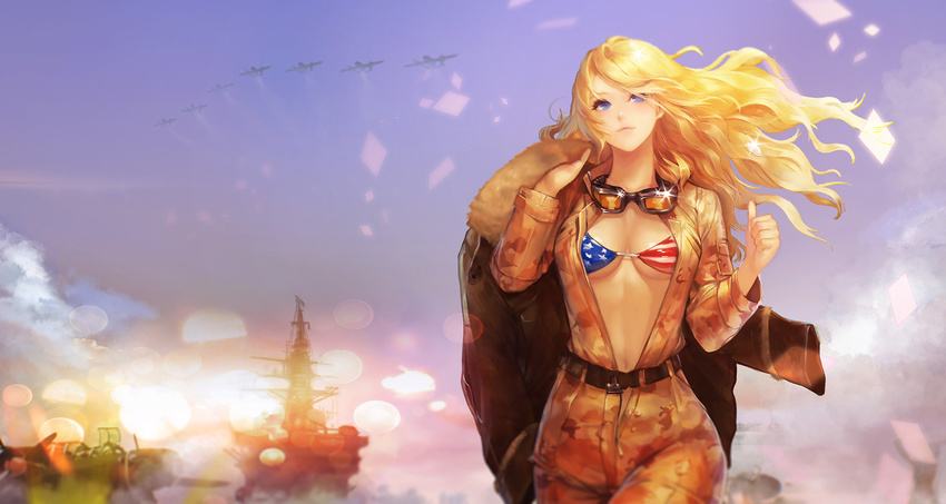 aircraft airplane american_flag_bikini belt bikini blonde_hair blue_eyes breasts camouflage fighter_jet flag_print full-length_zipper glint goggles highres instant_ip jacket_on_shoulders jet light_smile long_hair looking_up medium_breasts military military_vehicle navel original ship solo swimsuit thumbs_up unzipped watercraft wide_hips zipper