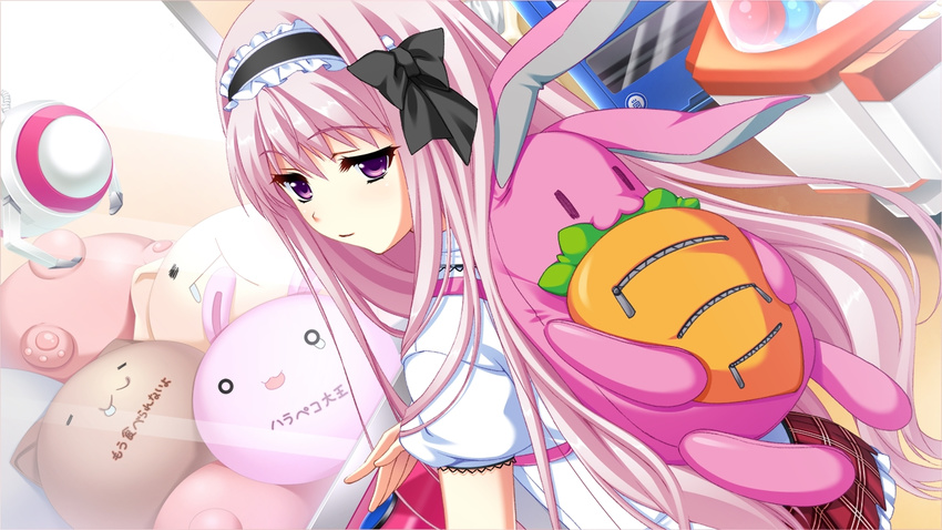 1girl backpack bag game_cg miyamori_korone narumi_suzune pink_hair purple_eyes solo tojita_sekai_no_tori_colony