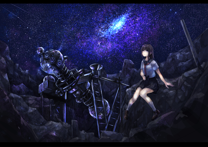 highres koruse letterboxed long_hair looking_up original projector school_uniform serafuku sitting skirt sky solo star_(sky) starry_sky