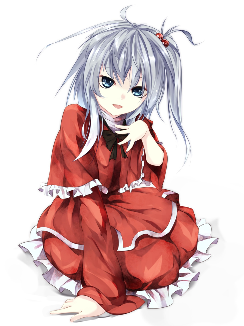 blue_eyes capelet dress gorilla_(bun0615) hair_bobbles hair_ornament highres long_sleeves looking_at_viewer one_side_up open_mouth red_capelet red_dress shinki silver_hair simple_background sitting solo touhou touhou_(pc-98) white_background white_hair wide_sleeves