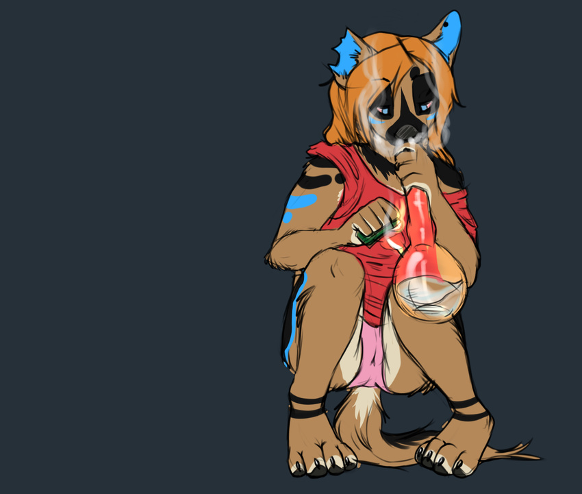 anthro black_background black_claws black_markings black_pawpads bloodshot_eyes blue_eyes blue_markings bong brown_fur camel_toe canine clothed clothing crouching dog drugs ear_piercing facial_markings female fire fur hair holding incorgnito lighter mammal marijuana markings notched_ear off_shoulder orange_hair panties piercing pink_sclera plain_background shirt skimpy smoke smoking solo underwear wounded