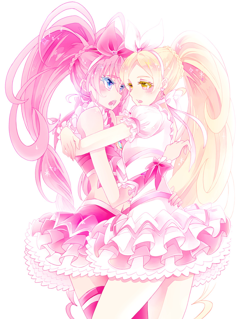 absurdres bare_shoulders blonde_hair blue_eyes blush bow choker couple cure_melody cure_rhythm highres houjou_hibiki hug long_hair md5_mismatch midriff minamino_kanade multiple_girls navel open_mouth pink_bow pink_hair ponytail precure simple_background sleeveless suite_precure twintails white_background white_choker yellow_eyes yuri yuucho_(cololal)
