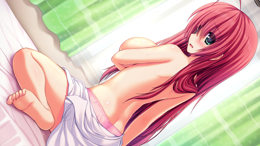 barefoot bed blush breast_hold game_cg long_hair namaiki_delation nishimura_shiori panties red_hair syroh topless underwear wet