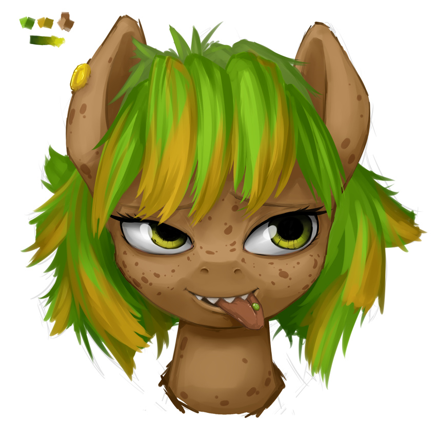 blonde_hair ear_piercing equine eto_ya female freckles friendship_is_magic green_hair hair horse invalid_color invalid_tag mammal my_little_pony open_mouth original_character piercing plain_background pony portrait smile solo tongue tongue_out tongue_piercing two_tone_hair white_background yellow_eyes