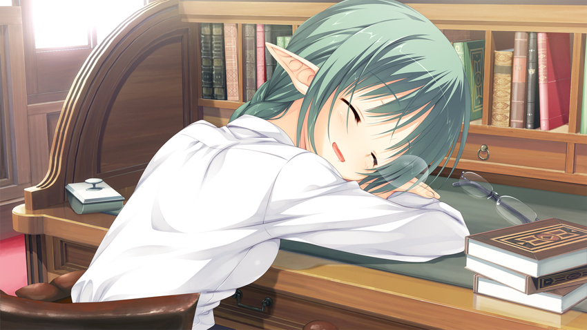 amairo_islenauts blush book elf game_cg glasses green_hair kobuichi short_hair sleeping tia_hohenwerfen yuzusoft