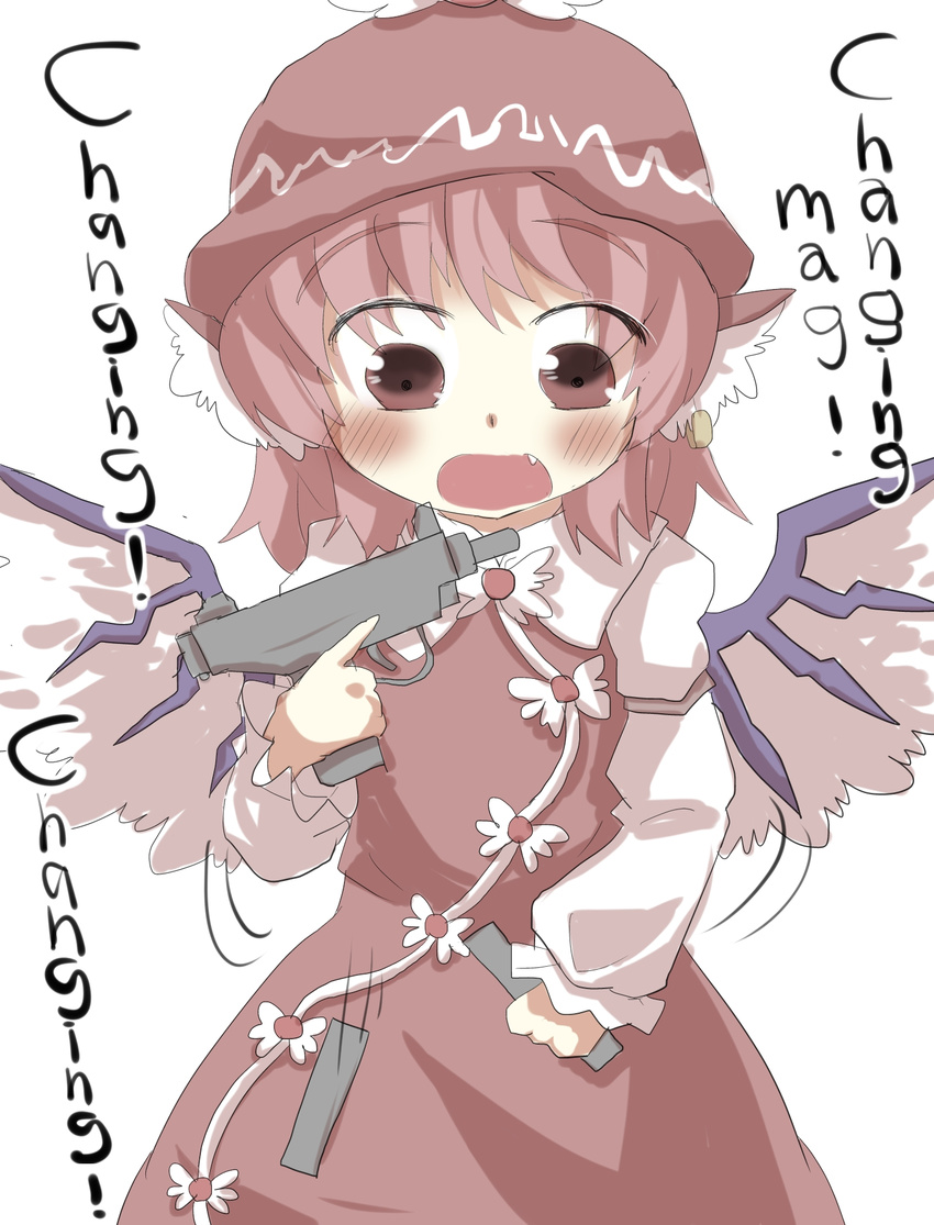 blush english fang gaoo_(frpjx283) gun hat highres machine_pistol magazine_(weapon) mystia_lorelei pink_eyes pink_hair reloading solo touhou weapon winged_hat wings