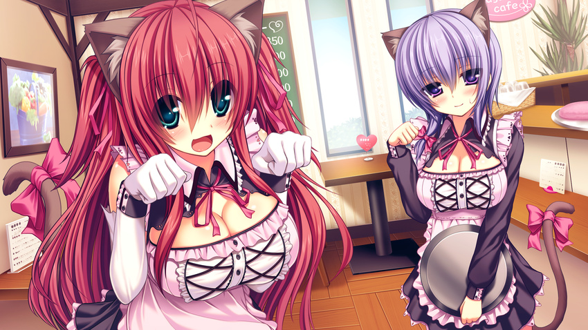 animal_ears catgirl cleavage elbow_gloves game_cg maid namaiki_delation natsushima_misaki nishimura_shiori purple_hair red_hair syroh tail waitress