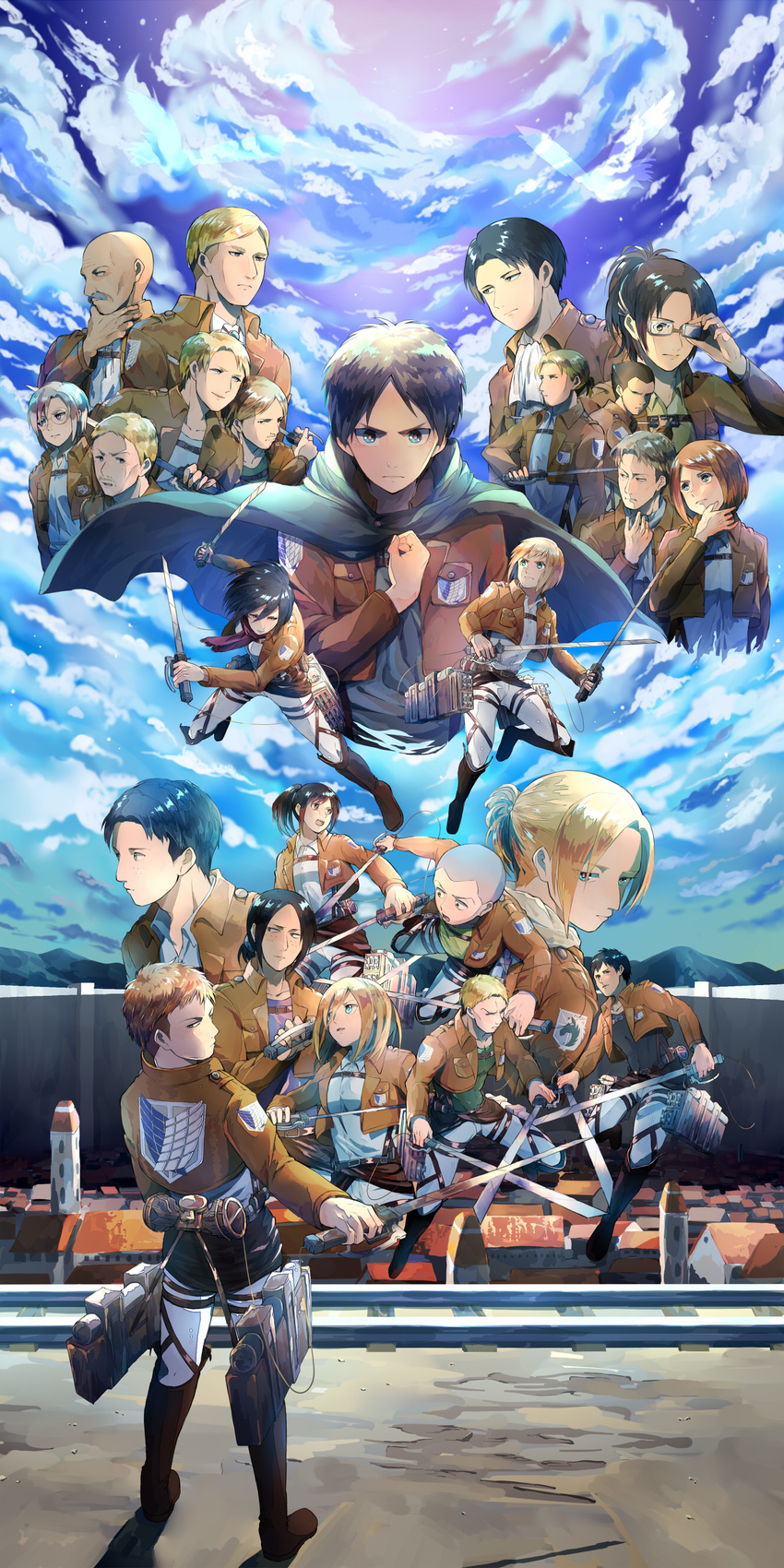 6+girls absurdres annie_leonhardt armin_arlert auruo_bossard bertolt_hoover cape christa_renz connie_springer emblem erd_gin eren_yeager erwin_smith everyone garrison_regiment_(emblem) gunter_shulz hange_zoe highres jean_kirchstein levi_(shingeki_no_kyojin) marco_bodt mikasa_ackerman mike_zakarius military_police_brigade_(emblem) multiple_boys multiple_girls ootsuya paradis_military_uniform petra_ral reiner_braun sasha_braus shingeki_no_kyojin sky survey_corps_(emblem) sword three-dimensional_maneuver_gear weapon ymir_(shingeki_no_kyojin)