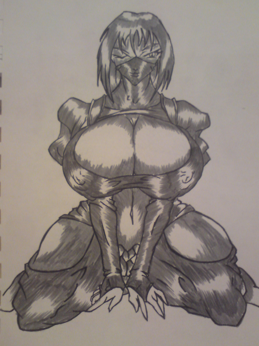 cleavage huge_breasts kudamono large_breasts monochrome ninja