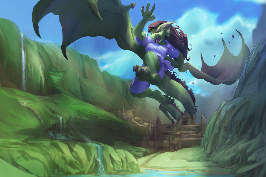 brown_hair clothed clothing dragon female gargantuan green_scales hair hindpaw jumping macro mountain noben outside paws running scalie solo valley water waterfall wings