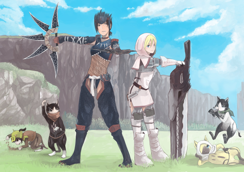 absurdres animalization annie_leonhardt bad_id bad_pixiv_id blade blue_sky cat christa_renz cliff creature day dual_wielding felyne full_body highres holding holding_weapon hood kawaoka_(tsuchinokome) khezu_(armor) melynx mikasa_ackerman mina_carolina monster_hunter mountain multiple_girls nargacuga_(armor) outdoors rock sasha_braus shingeki_no_kyojin sky standing sword weapon ymir_(shingeki_no_kyojin)