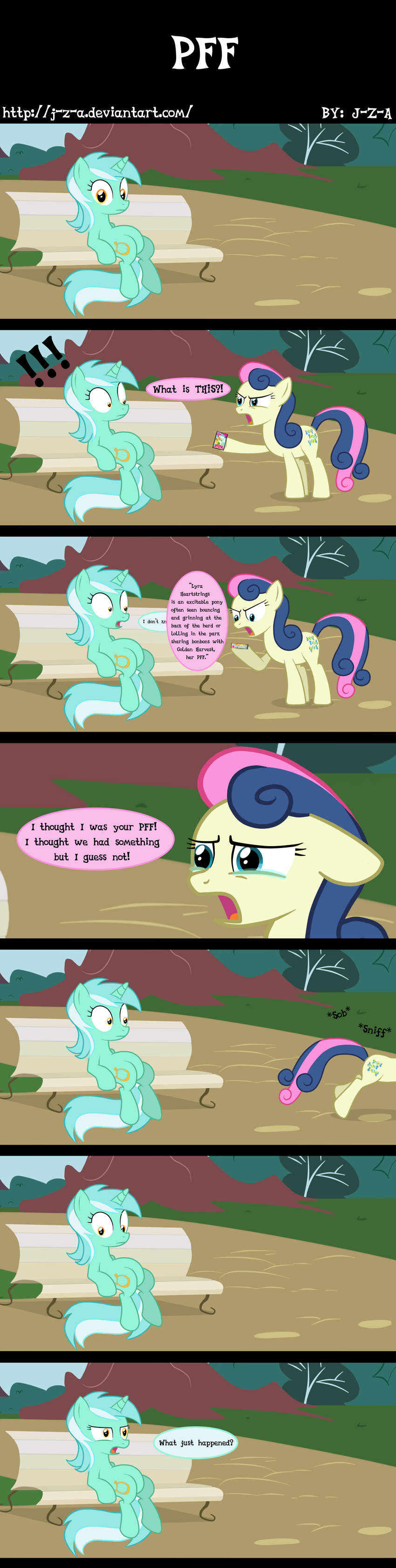 bench blue_eyes bonbon_(mlp) comic cutie_mark dialog duo english_text equine female feral friendship_is_magic frown fur green_fur hair horn horse humor j-z-a long_hair lyra_(mlp) lyra_heartstrings_(mlp) mammal my_little_pony open_mouth outside pony sitting tears text tongue two_tone_hair unicorn yellow_eyes