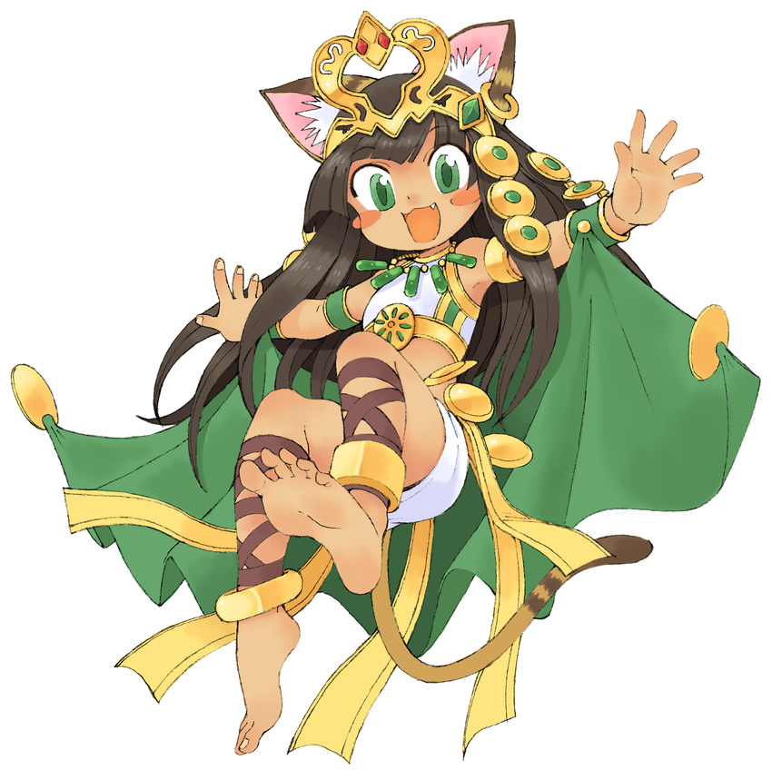 animal_ears ankle_lace-up anklet armpits barefoot bastet_(p&amp;d) blush_stickers cat_ears cat_tail cross-laced_footwear dark_skin egyptian fang feet full_body green_eyes happy highres jewelry long_hair midriff open_mouth oyatsu_(mk2) puzzle_&amp;_dragons simple_background smile soles solo tail toes white_background