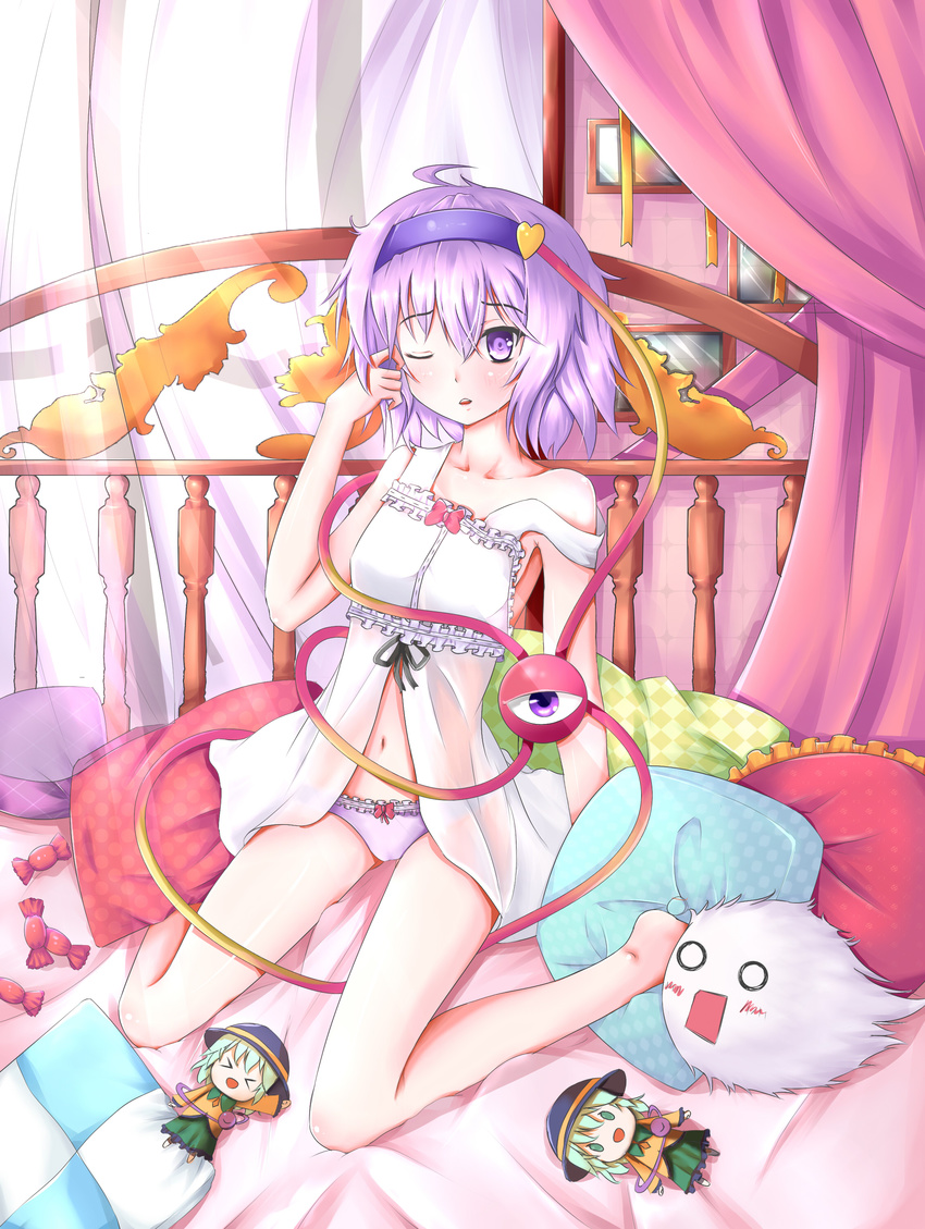 &gt;_&lt; absurdres ahoge alternate_costume babydoll bare_arms bare_legs bow cameltoe candy character_doll closed_eyes curtains food frilled_pillow frills hand_in_hair headband heart highres kedama komeiji_koishi komeiji_satori lavender_eyes lavender_hair lingerie mero_(ly21207) midriff navel off_shoulder on_bed one_eye_closed panties parted_lips photo_(object) pillow purple_panties ribbon sitting solo third_eye touhou underwear underwear_only wariza window