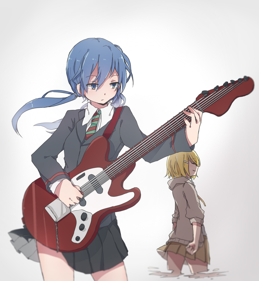 :/ blazer blonde_hair blue_eyes blue_hair closed_eyes cowboy_shot electric_guitar from_side guitar hair_ornament hairclip hatsune_miku highres instrument jacket kagamine_rin long_hair long_sleeves low_twintails multiple_girls music narisumashi_genga necktie playing_instrument pleated_skirt profile project_diva_(series) project_diva_f_2nd saku_qq school_uniform short_hair skirt striped striped_neckwear twintails vocaloid white_background